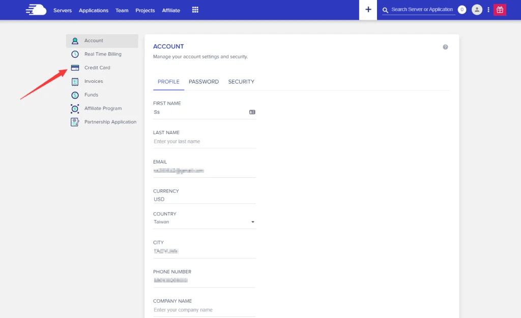 綁定信用卡-Cloudways主機設定